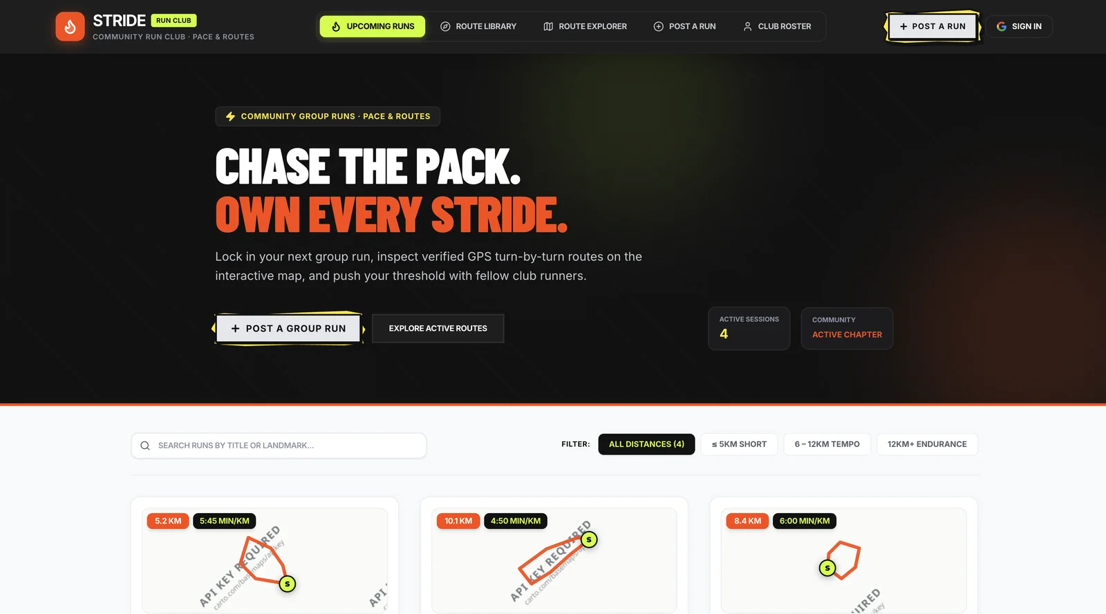 The Stride Running Club app showing group runs and an interactive route map