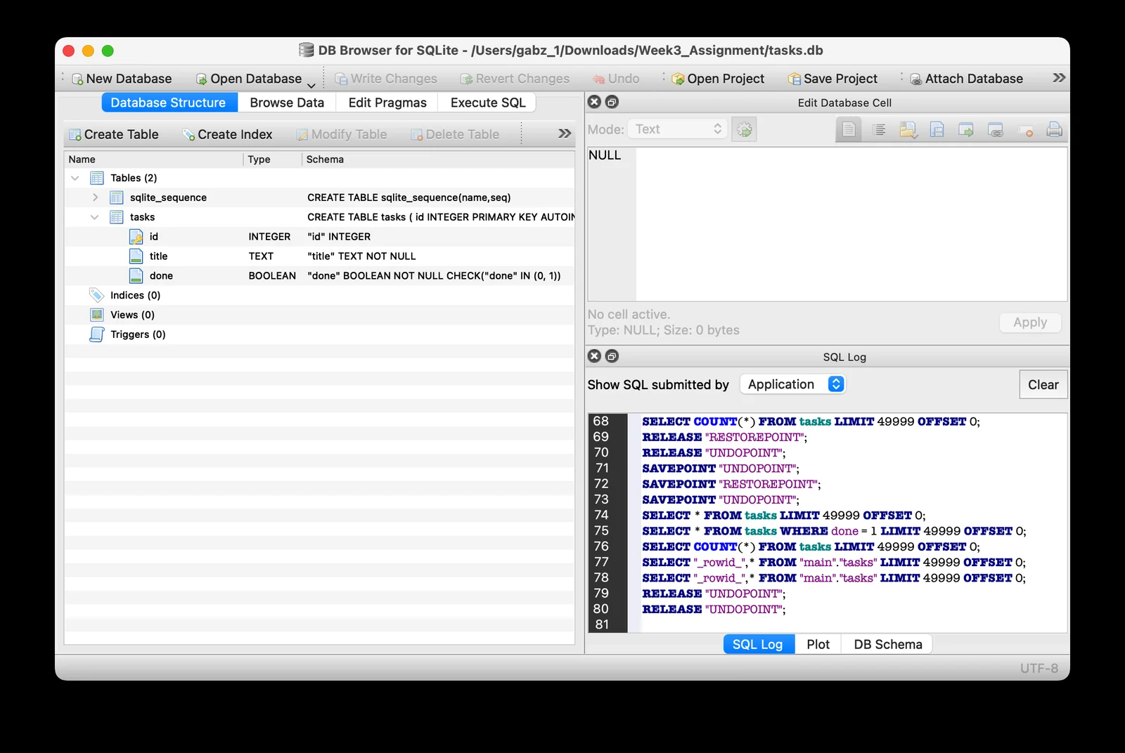 SQLite database browser showing the Task CRUD API’s stored tasks