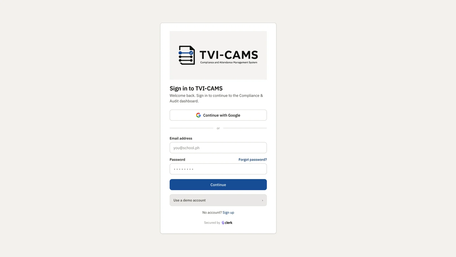 Sign-in page of the TVI-CAMS TESDA compliance and attendance manager
